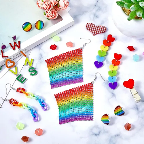 Miniatura 4 de 6 pares de aretes de arco iris, aretes de orgullo, aretes de malla de arco iris, aretes de clip de cadena ligera, aretes colgantes de amor, aretes