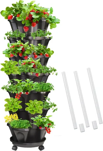 Miniatura 14 de Macetas verticales de fresa, paquete de 2 unidades, torre apilable de 5 niveles con poste de soporte, macetas apilables para hierbas y verduras