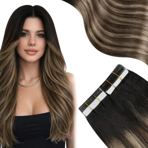 Miniatura 19 de Moresoo Extensiones adhesivas de cabello humano degradado, balayage, mezcla de marrón oscuro con extensiones de color marrón medio, extensiones