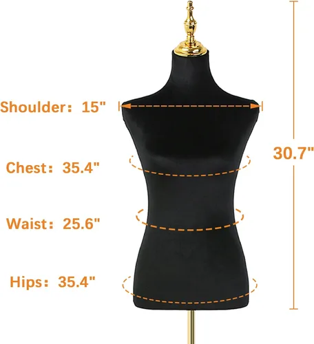 Miniatura 4 de Modista maniquí femenino: torso de medio cuerpo con altura ajustable, terciopelo corto negro esponjoso, base de metal dorado