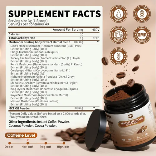 Miniatura 8 de B BEWORTHS Café en polvo de hongos con aceite MCT, 10 hongos melena de león, cola de pavo, reishi, cordyceps y chaga - Café instantáneo de hongos