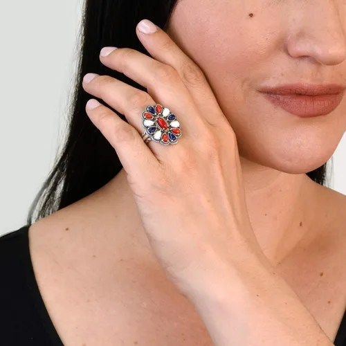 Miniatura 2 de American West Sterling Coral, Ágata, Lapislázuli - Anillo de racimo rojo, blanco y azul tamaños 5 a 10