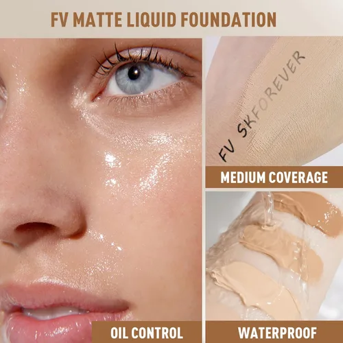 Miniatura 7 de FV Base líquida impermeable con acabado mate, ligera, sin aceite, maquillaje de aspecto natural para pieles mixtas y grasas, cobertura ligera a