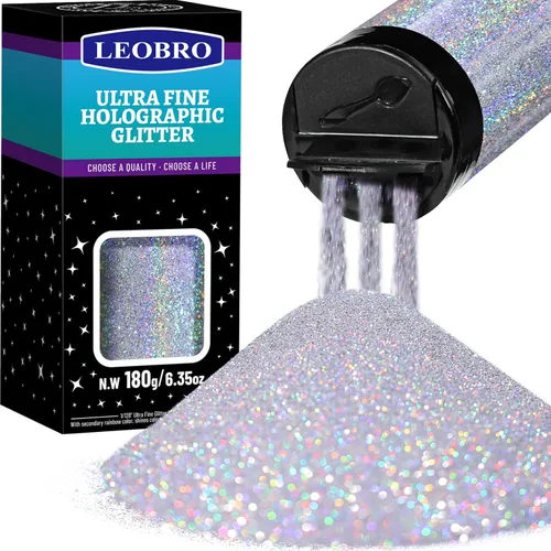 Leobro - Brillantina plateada, 180g/6.35oz de brillo fino holográfico para resina, manualidades, vasos, uñas, cuerpo, diamante holográfico plateado