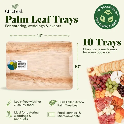 Miniatura 2 de Chic Leaf Bandejas compostables para servir de hoja de palma, platos desechables rectangulares de 10 x 14 pulgadas para embutidos, fiestas
