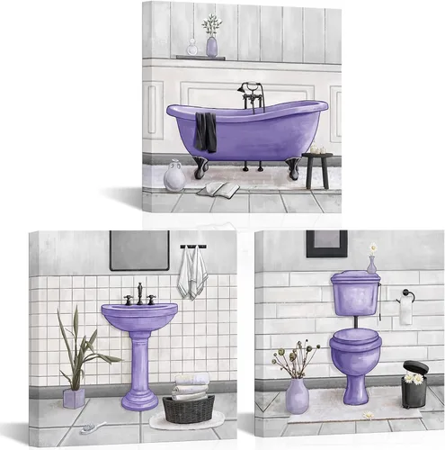 HOMEOART Arte de pared de baño, bañera, pintura de baño, decoración de pared enmarcada lista para colgar, 12 x 12 x 3 pulgadas, morado