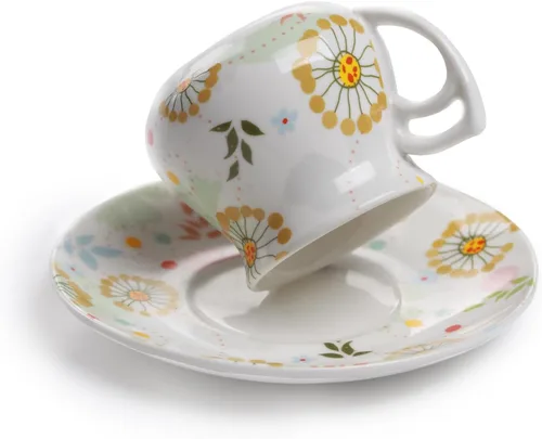 Miniatura 3 de GuangYang 12 Piezas Tazas y Platillos Expresso para 6 Personas, Juego de 6 Tazas de Café Turco de 2 Onzas, Patrón Floral de la Suerte, Buen Juego