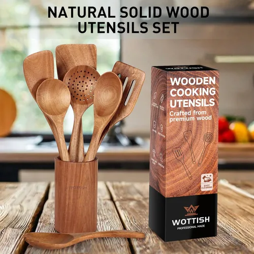 Miniatura 3 de Cucharas de madera para cocinar, juego de utensilios de cocina de madera de madera maciza natural, incluye cucharas, espátulas, cucharones, cuchara