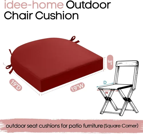 Miniatura 8 de idee-home Juego de 2 cojines de silla al aire libre, cojines de silla de patio de 19" x 19" x 3" gruesos impermeables con lazos para muebles