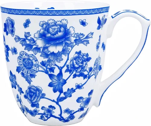 Taza floral de porcelana de hueso de 14 onzas, taza de café floral para mujeres y hombres, taza de té de café de porcelana de hueso con asa cómoda,