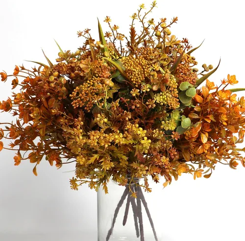 6 paquetes de flores artificiales de otoño, decoraciones de otoño, hojas verdes, arbustos para Acción de Gracias, hogar, cocina, habitación,