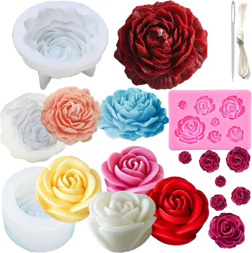 2 Rose Flowers Silicone molds(2 Styles) 2 Peony Mold (3.54 inch + 2.55 inch) Flower Silicone Candle Molds with Large-Eye Wicking Needle Candlewick