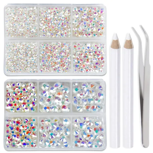 Miniatura 12 de LPBeads 6400 unidades de diamantes termoadhesivos de 12 colores con parte trasera plana, 5 tamaños mixtos, gemas de cristal redondas con pinzas
