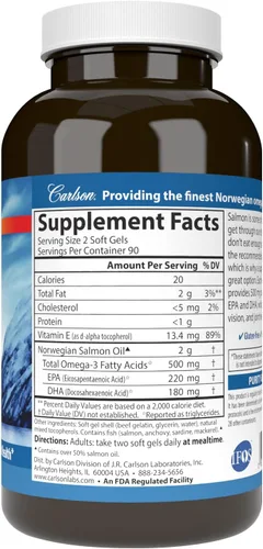 Miniatura 2 de Carlson Aceite de salmón, 500 mg de omega-3, aceite de pescado capturado en la naturaleza noruego, de origen sostenible, 180 cápsulas blandas