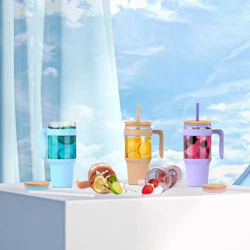 Miniatura 8 de Tronco Vaso de vidrio de 40 onzas con popote y tapa, taza de café helado reutilizable con asa, botellas de agua de vidrio para batidos, se adapta a