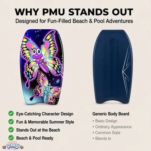 Miniatura 8 de PMU Bodyboard estampado con gráficos, correa de muñeca ligera, parte inferior lisa para playa, mar y piscina, tabla de surf para niños, adolescentes