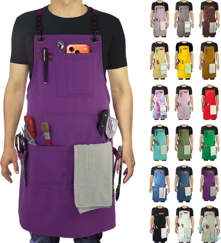 Delantal de cocina, delantal de trabajo, lienzo, múltiples bolsillos, jardinería, pintura, barbacoa, artista, carpintero, tamaños M a XXL, morado