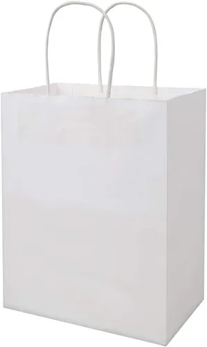 bagmad Paquete de 100 bolsas de papel kraft blancas medianas resistentes con asas a granel, bolsas de regalo gruesas de 8 x 4.75 x 10 pulgadas, para