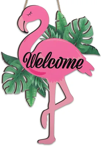Bucherry Letrero de bienvenida para puerta de flamenco, decoración tropical de verano, decoración tropical de madera, arte hawaiano de madera,