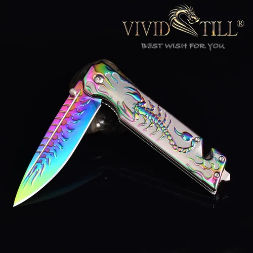 Miniatura 2 de Vividstill Cuchillo de bolsillo para hombres, cuchillo plegable arcoíris genial con patrón en relieve 3D, gran regalo de cuchillo EDC para hombres