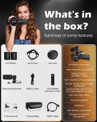 Miniatura 9 de Videocámara de cámara de video 5K, cámara de vlogging WiFi de 64 MP para YouTube con zoom óptico 8X, pantalla táctil IPS de 3.5 pulgadas, visión