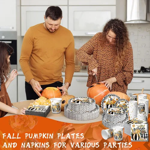 Miniatura 6 de Hsei 250 piezas de platos y servilletas de calabaza de otoño para decoración de fiesta, juegos de vajilla desechable para baby shower, suministros