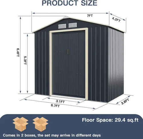 Miniatura 9 de Giantex Cobertizo de almacenamiento para exteriores con doble puerta corrediza, almacenamiento de jardín de metal galvanizado, ventilación delantera
