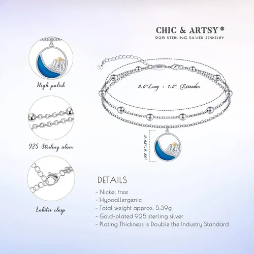 Miniatura 116 de CHIC & ARTSY Tobilleras delicadas de plata de ley S925 para verano, pulsera de tobillo ajustable multicapa para playa, joyería de pie para mujer