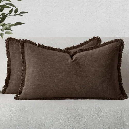 Miniatura 31 de MIULEE Juego de 2 fundas de almohada decorativas de lino neutro con flecos, fundas de cojín de estilo bohemio con borlas para sofá, cama, sala