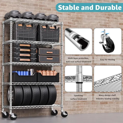 Miniatura 5 de M MZG Estantería de almacenamiento de 5 estantes, estantería de alambre de metal resistente, estantería de almacenamiento ajustable para garaje
