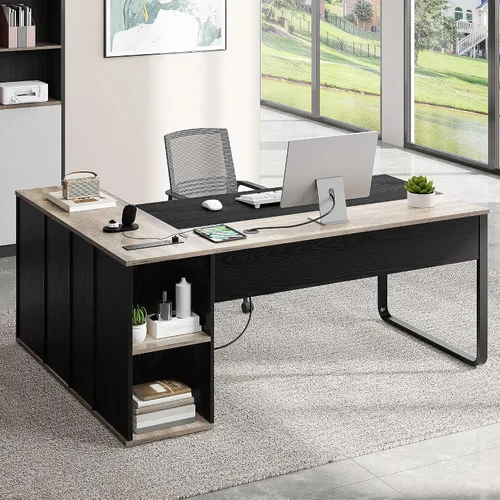 YITAHOME Escritorio ejecutivo con tomas de corriente, escritorio en forma de L de 71 pulgadas con archivador, escritorio ejecutivo con cajones y
