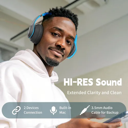 Miniatura 2 de Auriculares Bluetooth inalámbricos con micrófono, cubren las orejas, 65H de tiempo de reproducción, auriculares estéreo HiFi con modos 6EQ, Azul