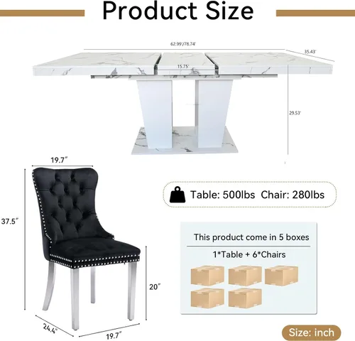 Miniatura 7 de Henf Juego de mesa de comedor de mármol sintético de 7 piezas para 6, mesa de comedor extensible de 63"-79" y 6 sillas negras acolchadas para 6