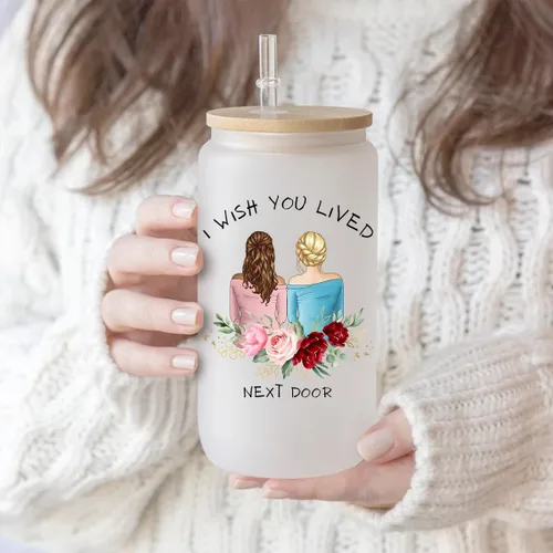 Miniatura 4 de Vasos de beber personalizados para mejor amigo con tapa de bambú y popote de cristal, con texto en inglés "I Wish You Lived Next Door", con nombre