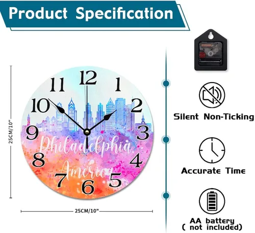 Miniatura 6 de Reloj de pared con silueta de horizonte de Filadelfia de Estados Unidos, acuarela, paisaje urbano, relojes de pared grandes, funciona con pilas, 10