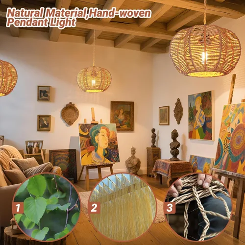 Miniatura 3 de Luces Colgantes con Cable de Enchufe, Lámpara Colgante de Ratán, Luminarias de Techo Boho, Lámpara Colgante de Estilo Rústico para Sala de Estar