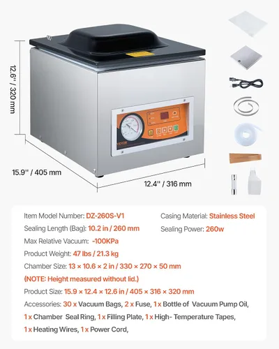 Miniatura 7 de VEVOR Sellador al vacío de cámara, potencia de sellado de 260 W, máquina de envasado al vacío para alimentos húmedos, carnes, adobos y más