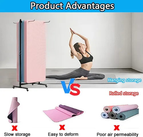 Miniatura 6 de Soporte para tapete de yoga colgante, carrito de esterilla de yoga rodante, estante de almacenamiento de gran capacidad, con perforador, estante