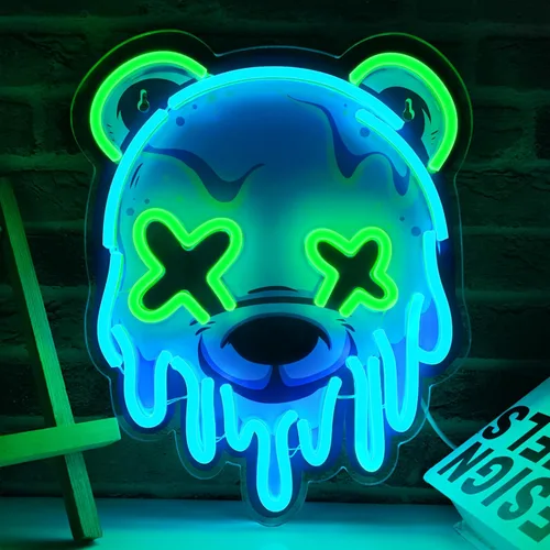 Letrero de neón de oso de hielo, letrero LED genial para decoración de pared - alimentado por USB, luz LED de oso de anime de brillo ajustable para