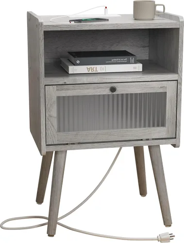 Miniatura 16 de Mesita de noche moderna de mediados de siglo, mesa auxiliar con almacenamiento, mesitas de noche con puerta de cristal, mesa auxiliar con patas