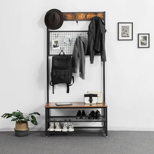 Miniatura 3 de VASAGLE UHSR46BX - Perchero industrial, estante para zapatos con tablero de notas de rejilla, 9 ganchos y estantes de almacenamiento, para pasillo