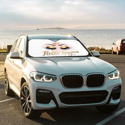 Miniatura 4 de Parasol para el parabrisas delantero del automóvil con leyenda Hello Gorgeous, pestañas y corona dorada, bloquea los rayos UV en verano, es plegable