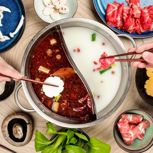Miniatura 7 de Olla caliente de acero inoxidable con divisor de 12.20 pulgadas de doble cara para inducción Shabu Shabu y estufa de gas, olla doméstica para cocina