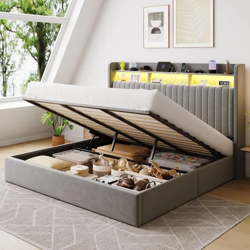 Miniatura 11 de SHA CERLIN - Estructura de cama de tamaño matrimonial con almacenamiento elevado/Luces LED/Estación de carga/Cabecero con estantes de 2 niveles/USB