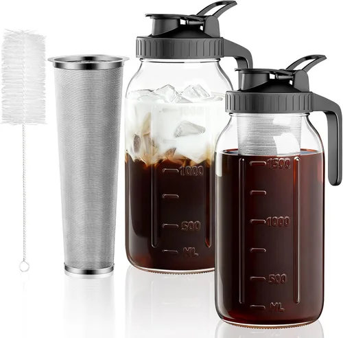 Pack de 2 cafeteras de infusión en frío - Jarra de vidrio Mason de 64 oz con filtro de acero inoxidable, tapa con pico para café helado, té, 2 Pack