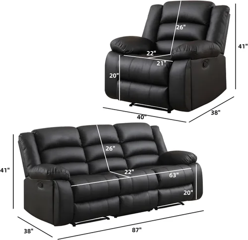 Miniatura 2 de EBELLO Juego de sofá reclinable manual de piel sintética, sofá reclinable de 3 asientos, juego de muebles de sofá para sala de estar, color negro