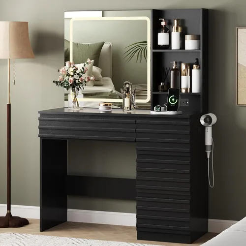 Makeup Vanity Desk with Lights, Fluted Vanity with 4 Drawers, Open Shelves, Power Outlet, LED Lighted Mirror, 3 Lighting Modes & Brightness