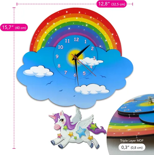 Miniatura 4 de Reloj de pared con péndulo de unicornio y arco iris, vista tridimensional, reloj oscilante analógico para niños, madera MDF 3D, para dormitorio