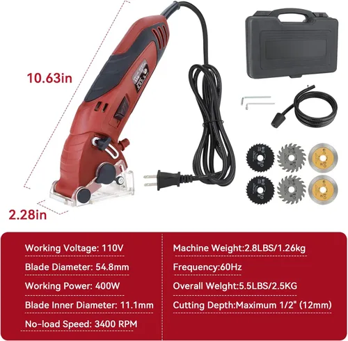 Miniatura 9 de Sierra circular mini con cable, 400W 110V 3400RPM multifunción manual con 6 hojas, profundidad máxima de corte ½ pulgada, sierra circular compacta