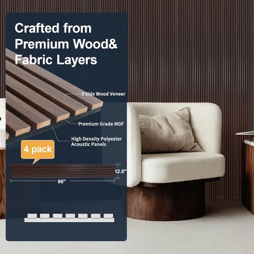 Miniatura 2 de NeatiEase Paneles de madera para pared, 4 piezas de 96 x 12.6 pulgadas, paneles de pared de listones de madera insonorizados para decoración